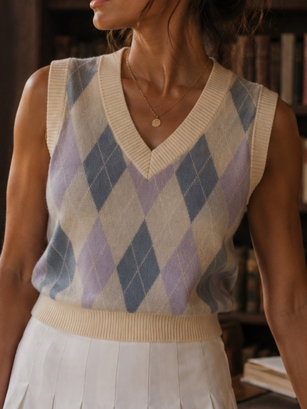 Urban Outfitters Cream & Light Blue V-Neck Sweater Vest